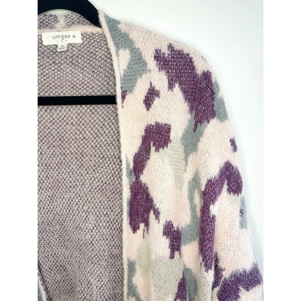 Umgee Boho Oversized Fuzzy‎ Knit Long Cardigan Sweater XL Pink Purple Abstract